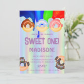 甘いドーナツ、虹の色、甘いファーストバースデー 招待状 (スタンド正面)