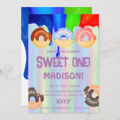 甘いドーナツ、虹の色、甘いファーストバースデー 招待状 (正面/裏面)