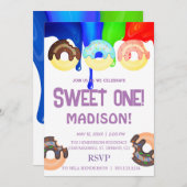 甘いドーナツ、虹の色、甘い最初の誕生日 招待状 (正面/裏面)