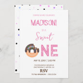 甘いドーナツ、虹の色、甘い最初の誕生日 招待状 (正面/裏面)