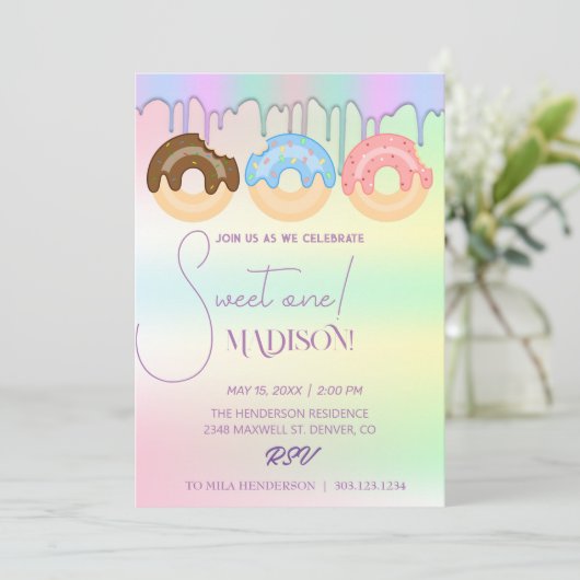 甘いドーナツ、虹の色、甘い最初の誕生日 招待状 (スタンド正面)