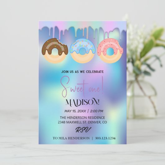 甘いドーナツ、虹の色、甘い最初の誕生日 招待状 (スタンド正面)