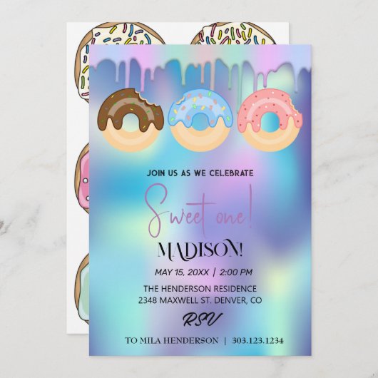 甘いドーナツ、虹の色、甘い最初の誕生日 招待状 (正面/裏面)
