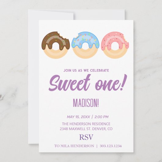 甘いドーナツ、虹の色、甘い最初の誕生日 招待状 (正面)