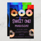 甘いドーナツ、虹の色、甘い最初の誕生日 招待状 (正面/裏面)