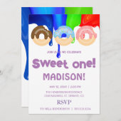 甘いドーナツ、虹の色、甘い最初の誕生日 招待状 (正面/裏面)