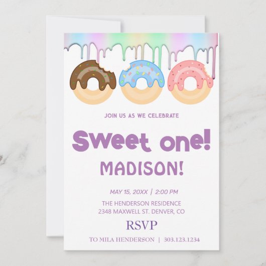 甘いドーナツ、虹の色、甘い最初の誕生日 招待状 (正面)