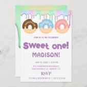 甘いドーナツ、虹の色、甘い最初の誕生日 招待状 (正面/裏面)