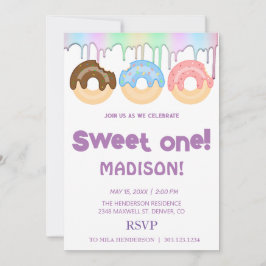 甘いドーナツ、虹の色、甘い最初の誕生日 招待状