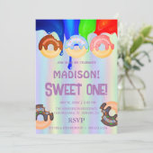 甘いドーナツ、虹の色、甘い最初の誕生日 招待状 (スタンド正面)