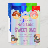 甘いドーナツ、虹の色、甘い最初の誕生日 招待状 (正面/裏面)