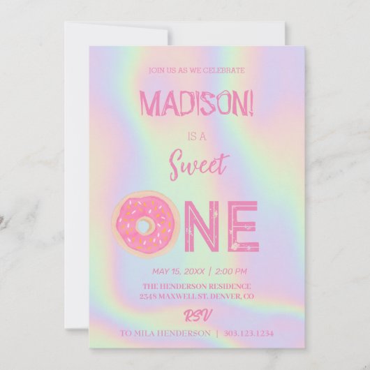 甘いドーナツ、虹の色、甘い最初の誕生日 招待状 (正面)