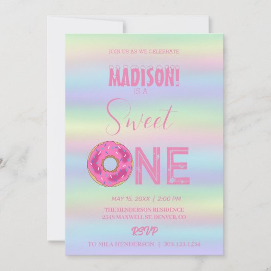 甘いドーナツ、虹の色、甘い最初の誕生日 招待状 (正面)