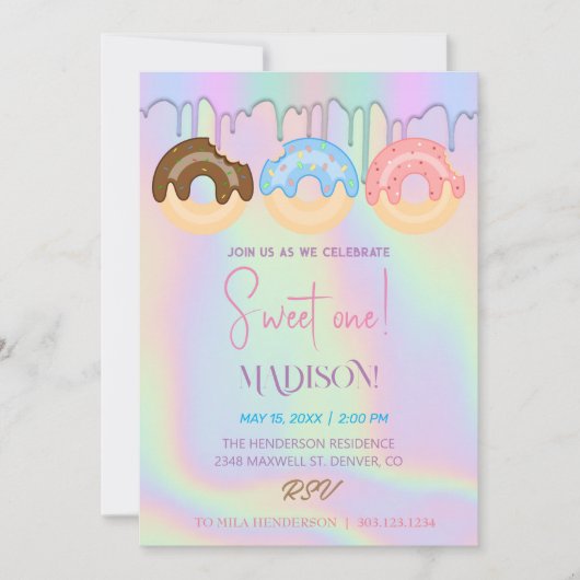 甘いドーナツ、虹の色、甘い1歳の誕生日 招待状 (正面)