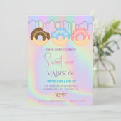 甘いドーナツ、虹の色、甘い1歳の誕生日 招待状 (スタンド正面)