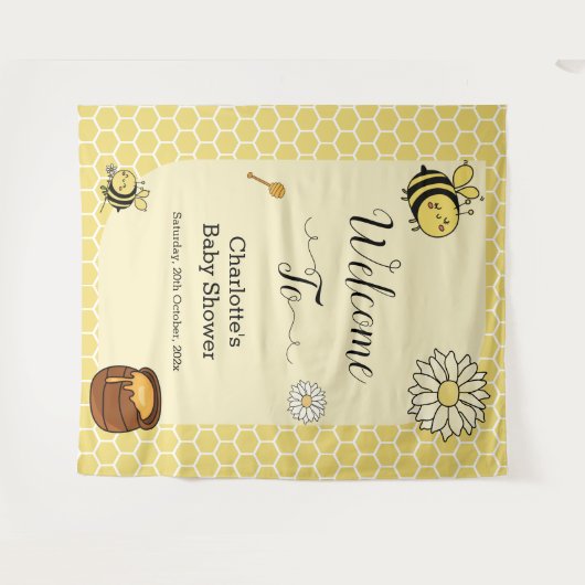甘いハチミツの赤ちゃんシャワーを背景としたかわいいハチ タペストリー (正面(横))