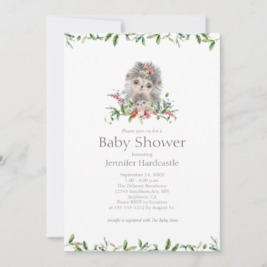 甘いハリネズミの水の色のフローラベビーシャワー 招待状 (正面)