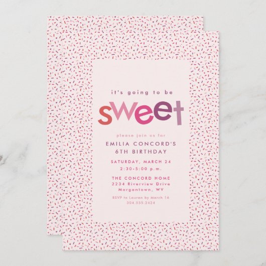 甘いハートと散策ピンクの誕生日パーティー 案内状 (正面/裏面)