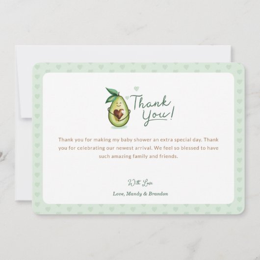 甘いハートアボカド赤ちゃんシャワーありがとう緑 サンキューカード (裏面)