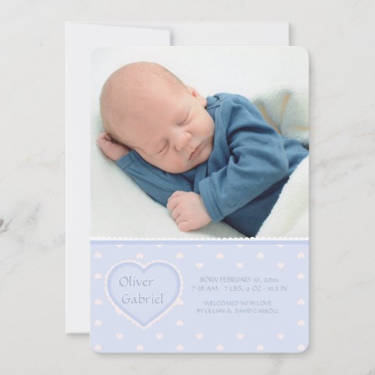 甘いハートブルー写真誕生のお知らせ 案内状 (正面)