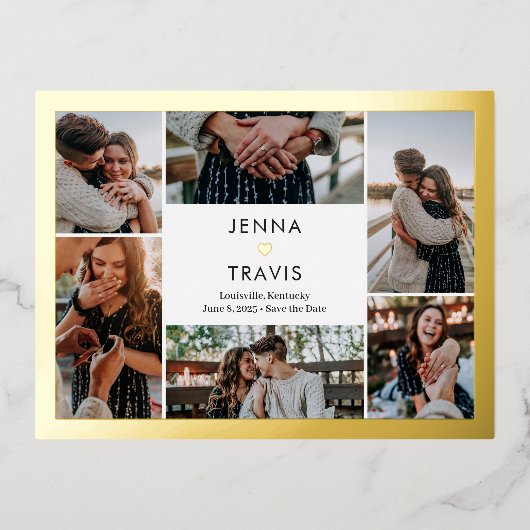 甘いハートホイルコラージュ日付はがきを保存 箔招待状ポストカード (正面)