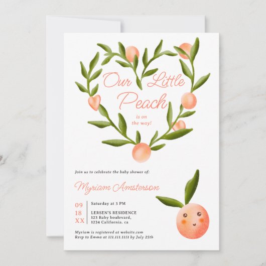 甘いハートモダンかわいい小さな桃の赤ちゃんシャワー 招待状 (正面)