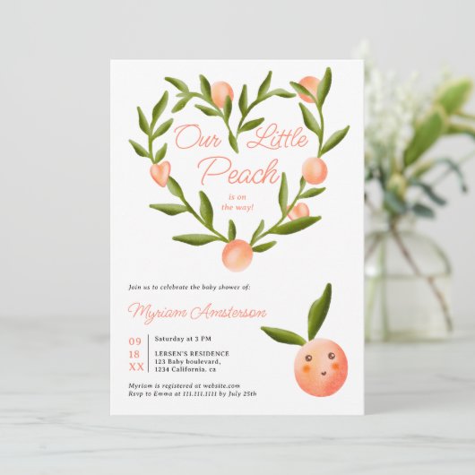 甘いハートモダンかわいい小さな桃の赤ちゃんシャワー 招待状 (スタンド正面)