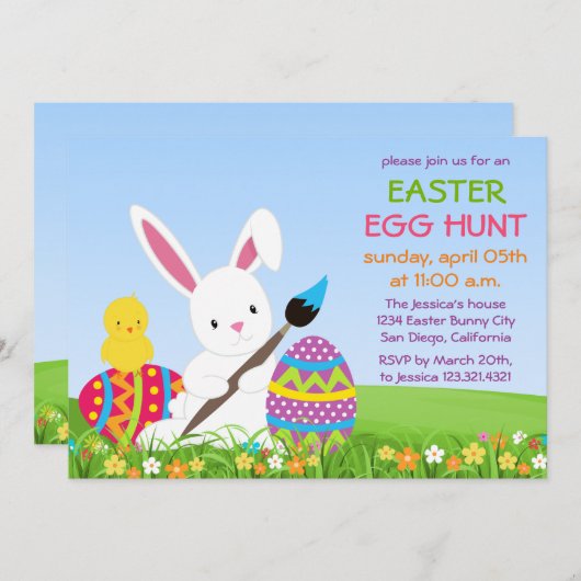 甘いバニーのペンキのイースターエッグの招待状 招待状 (正面/裏面)