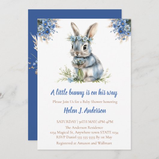 甘いバニーの水の色の花の赤ちゃんシャワー 招待状 (正面/裏面)