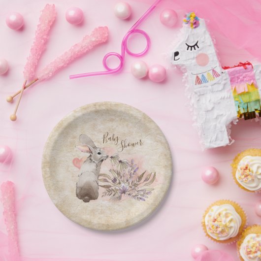 甘いバニーウサギと花の女の子の赤ちゃんシャワー ペーパープレート (パーティー)