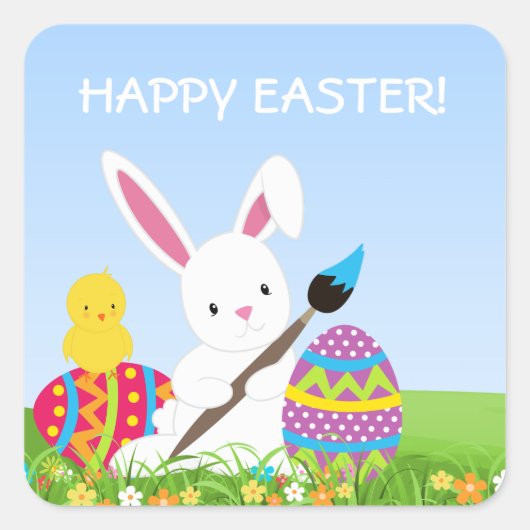 甘いバニー絵を描イースターエッグステッカー スクエアシール (正面)