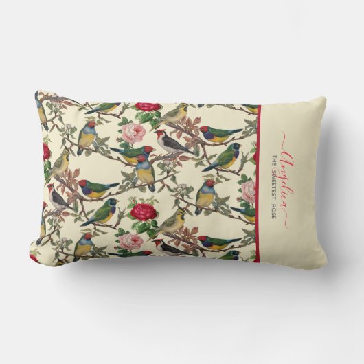 甘いバラヴィンテージ鳥類とバラパターン ランバークッション (正面)