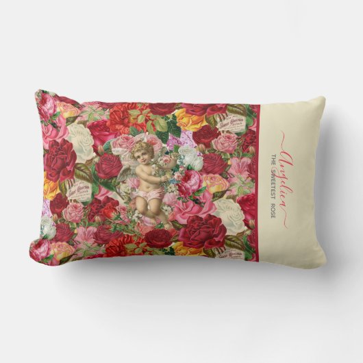 甘いバラヴィンテージCherubとバラパターン ランバークッション (正面)