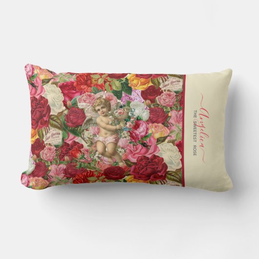 甘いバラヴィンテージCherubとバラパターン ランバークッション (正面)