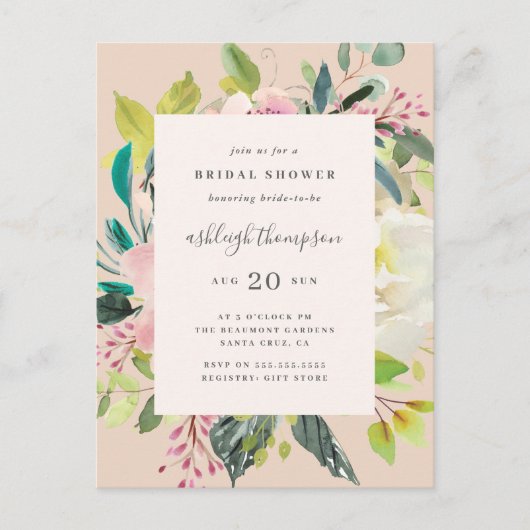 甘いパステル調の水彩画の花柄のブライダルシャワー インビテーションポストカード (正面)
