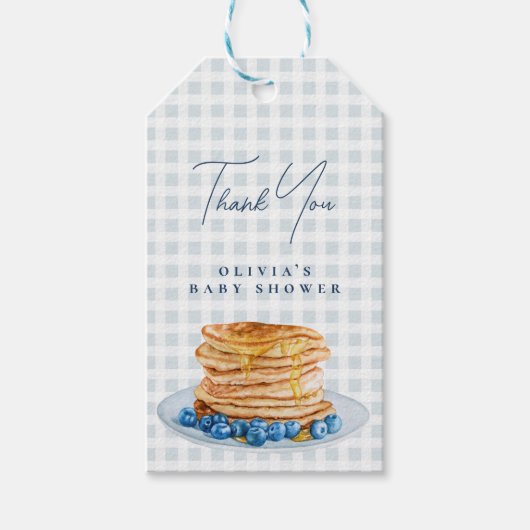 甘いパンケーキブルーギンガムボーイベビーシャワーブランチ ギフトタグ (正面)