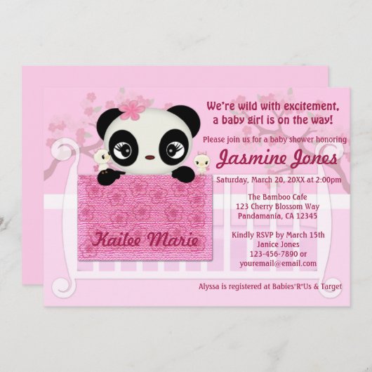 甘いパンダの女の子のベビーシャワーの招待状のピンク 招待状 (正面/裏面)