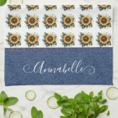 甘いヒマワリとデニムフェイクモノグラファンシーム キッチンタオル (折り畳み)