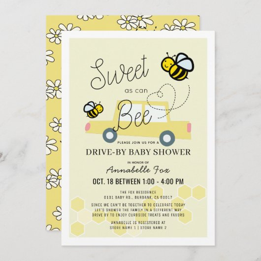 甘いビーのライトイエローのドライブバイベビーシャワー 招待状 (正面/裏面)