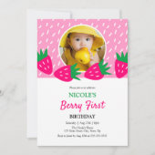 甘いピンクかわいいイチゴの女の子の写真1st誕生日 招待状 (正面)