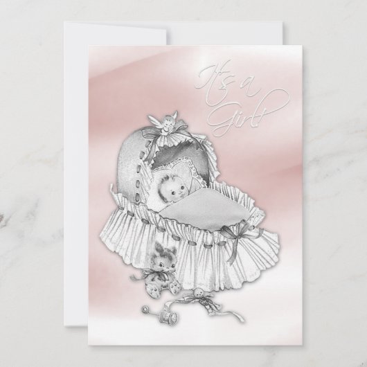 甘いピンクとグレーのベビーガールシャワー 招待状 (正面)