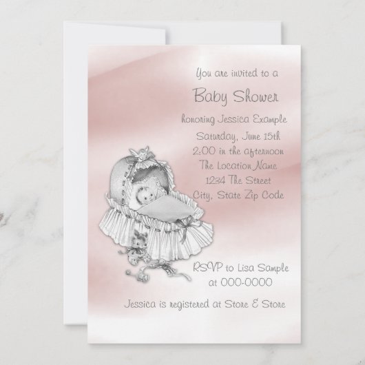 甘いピンクとグレーのベビーガールシャワー 招待状 (裏面)