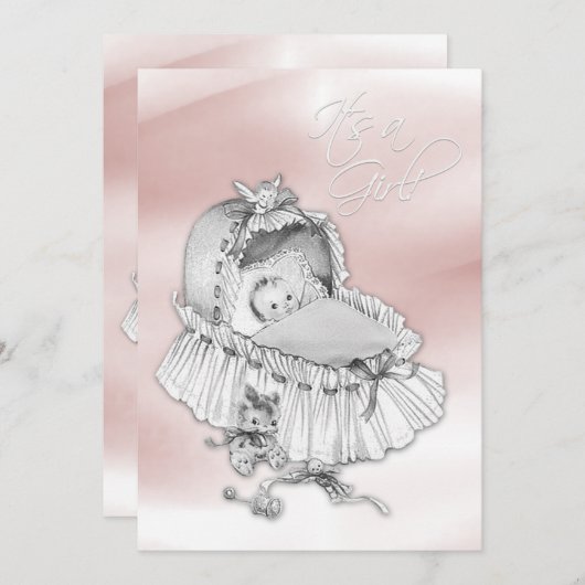 甘いピンクとグレーのベビーガールシャワー 招待状 (正面/裏面)