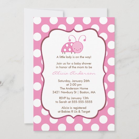 甘いピンクのてんとう虫のベビーシャワーの招待状 招待状 (正面)