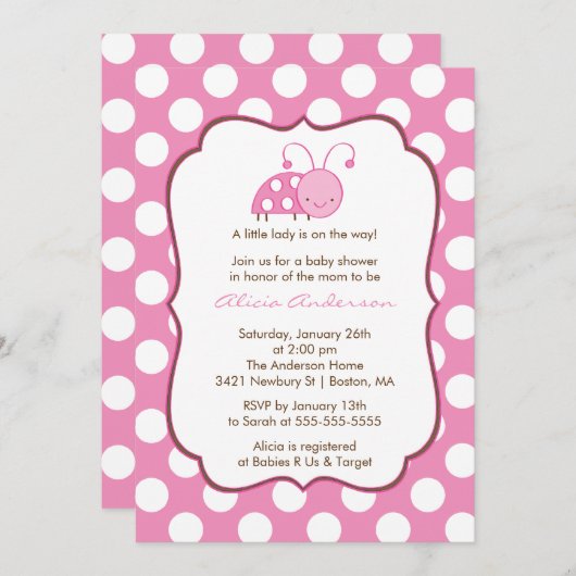 甘いピンクのてんとう虫のベビーシャワーの招待状 招待状 (正面/裏面)