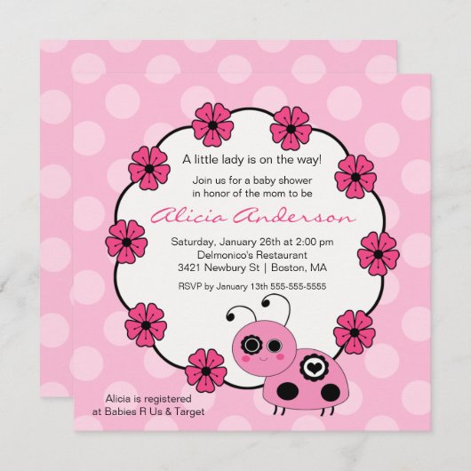 甘いピンクのてんとう虫のベビーシャワーの招待状 招待状 (正面/裏面)