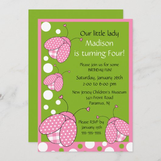 甘いピンクのてんとう虫の誕生日の招待状 招待状 (正面/裏面)