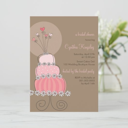甘いピンクのウエディングケーキのブライダルシャワーの招待状 招待状 (スタンド正面)