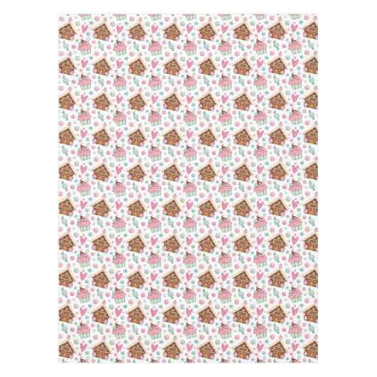 甘いピンクのカップケーキとジンジャーブレッドの家 テーブルクロス (正面)