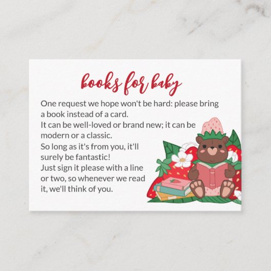 甘いピンクのストロベリークマが本を持って来る赤ちゃんシャワー エンクロージャーカード (正面)